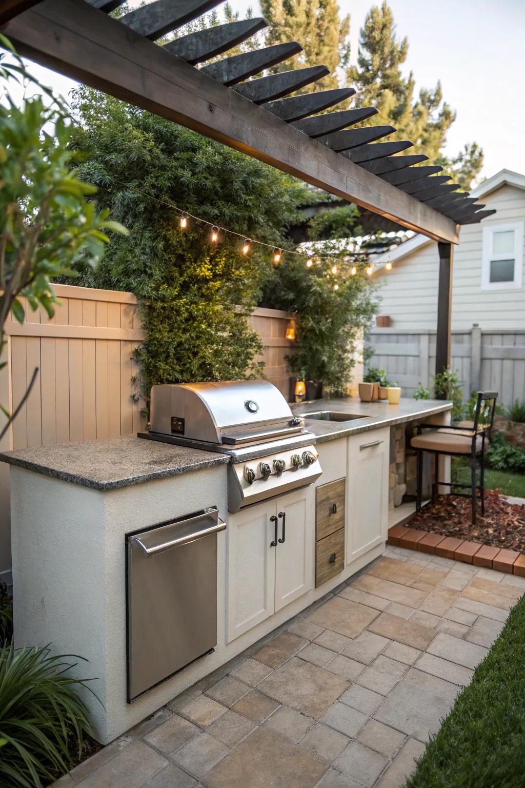 A small outdoor kitchen featuring a built-in grill and streamlined counter.