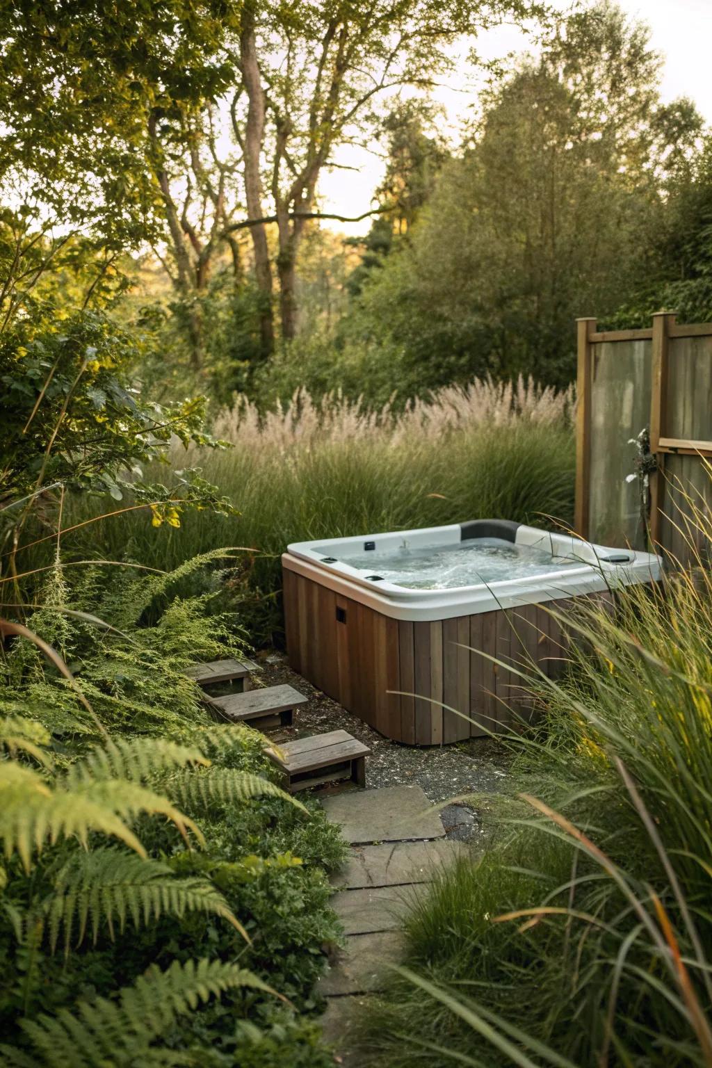An outdoor hot tub nestled among vibrant grasses and ferns for a natural aesthetic.