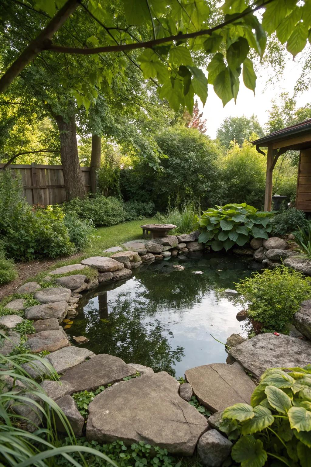 A charming pond featuring borders made of natural stone, harmonizing perfectly with the garden.