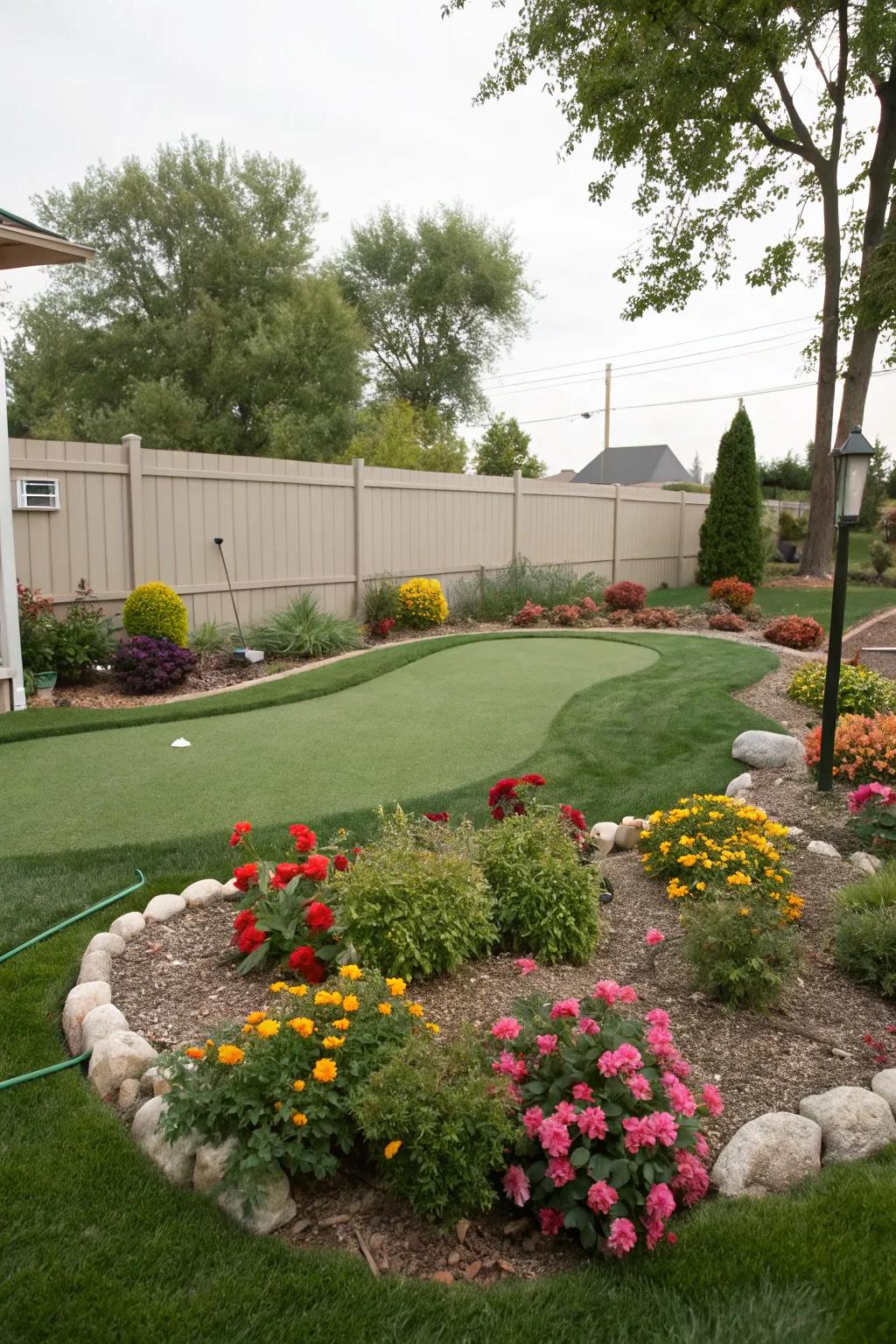 A putting green with beautifully landscaped edges blending into the garden.