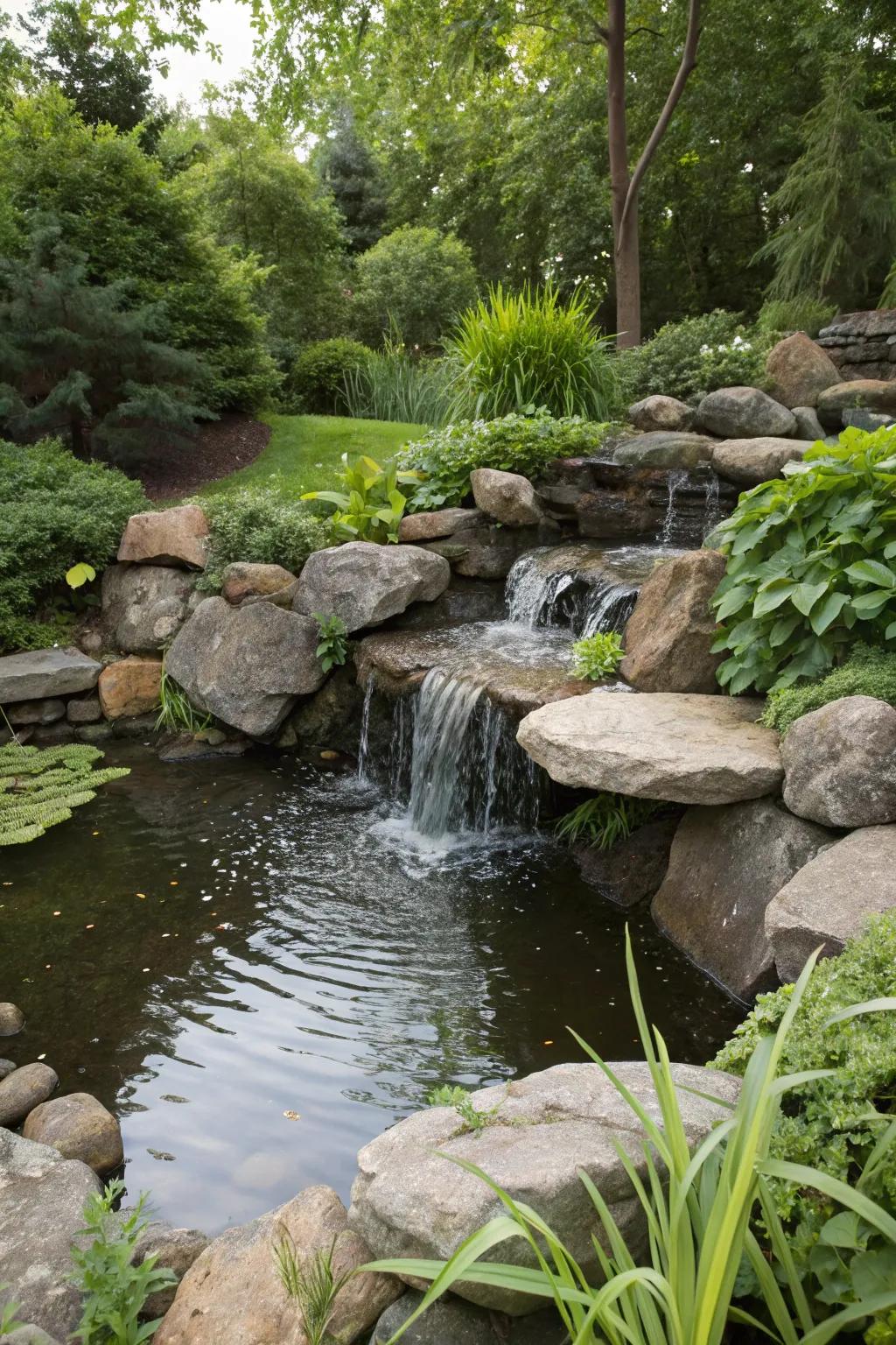 Design a mountain-inspired retreat with an organic stone cascade in your outdoor space.