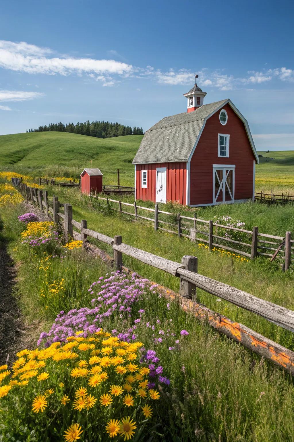 A classic red barn enhanced with charming ivory accents.