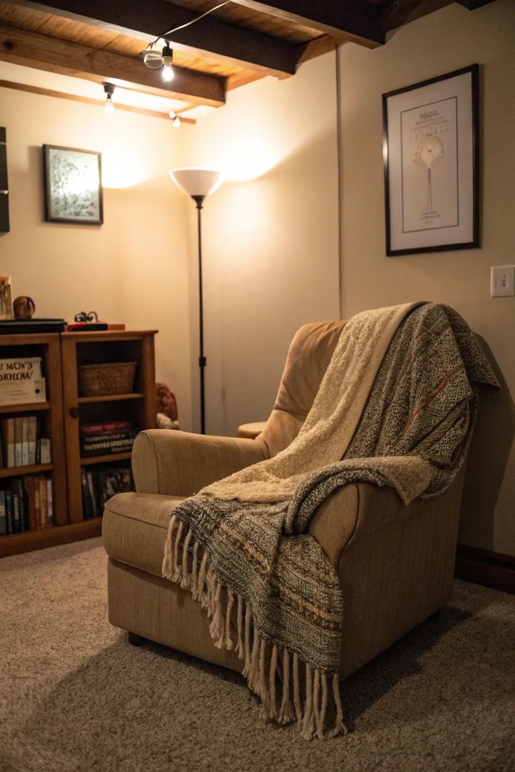 A relaxing corner perfect for reading and unwinding in your basement.