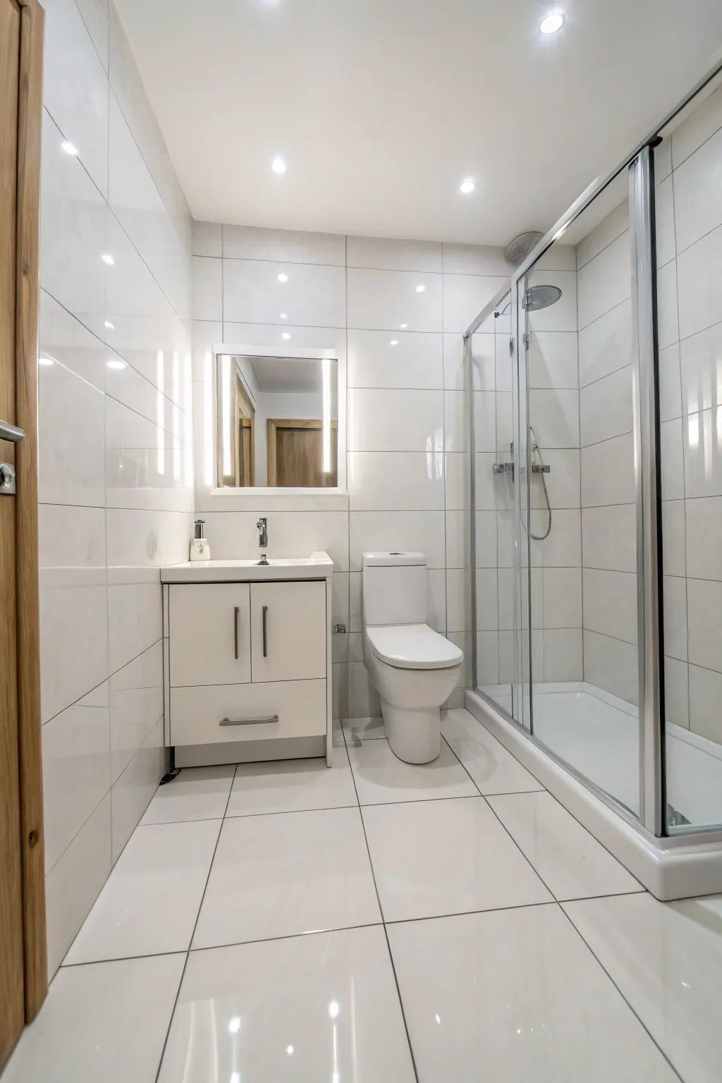 Large-format tiles offer a smooth and spacious atmosphere to compact bathrooms.