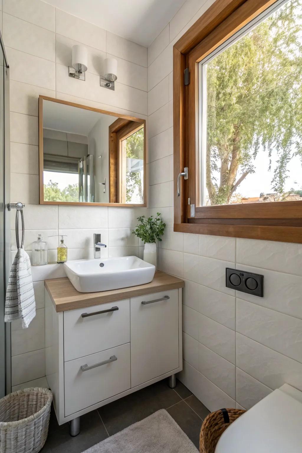 A space-efficient corner sink in a fashionable small bathroom.