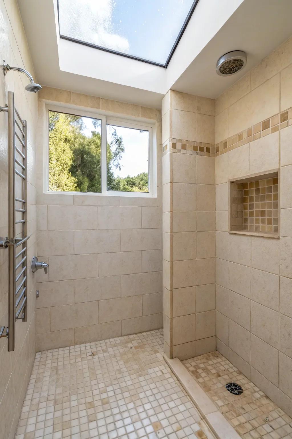 Light-colored tiles have the power to create a more spacious atmosphere in compact restrooms.