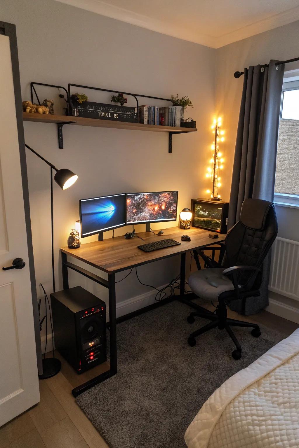Compact desks seamlessly blend into small spaces, offering a practical solution.