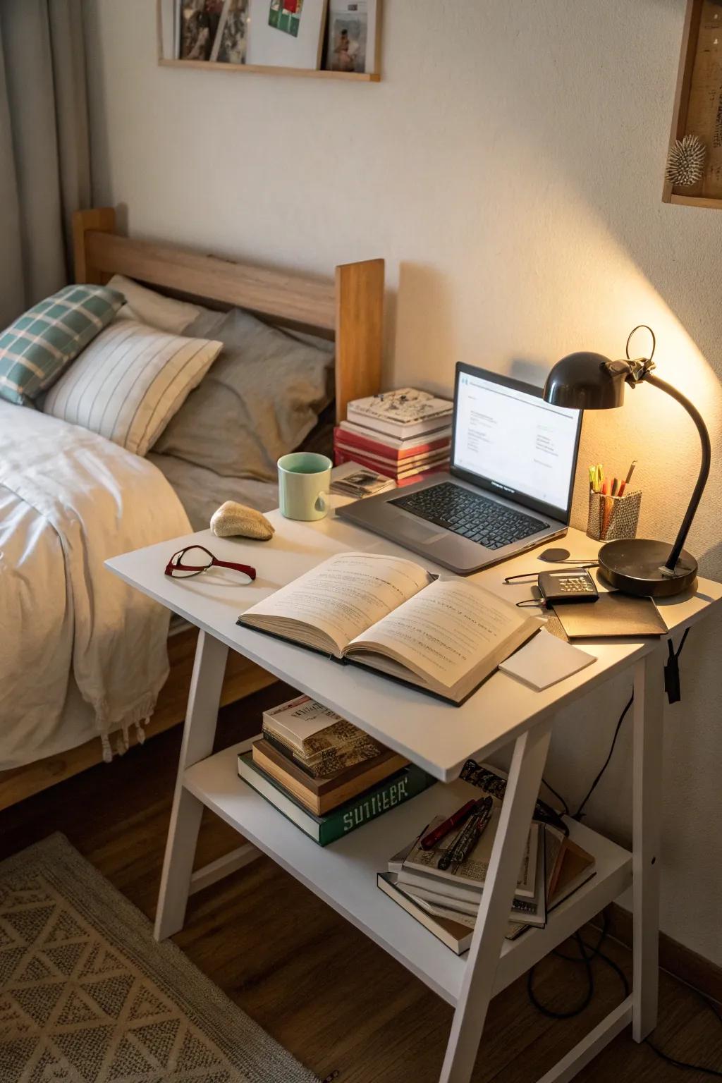 Clever use of multi-functional furnishings in a compact bedroom office.