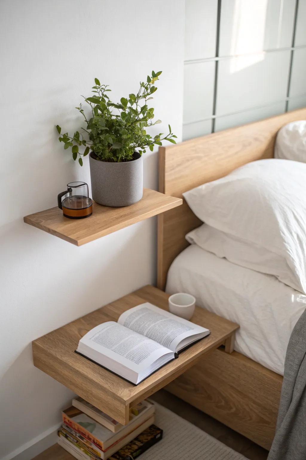 A wall-mounted shelf offers a streamlined and space-efficient bedside solution.