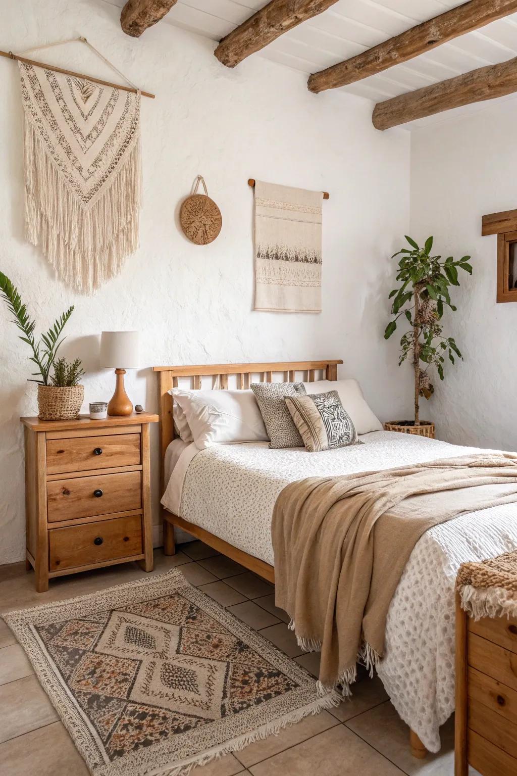 Neutral and earthy palettes fashion a peaceful setting in this compact boho bedroom