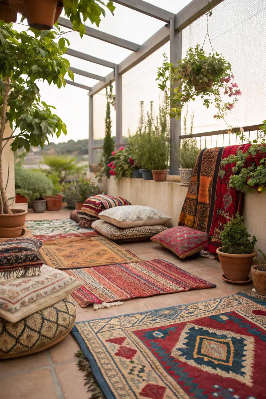 Mixing textures brings warmth and visual interest to a compact boho patio.