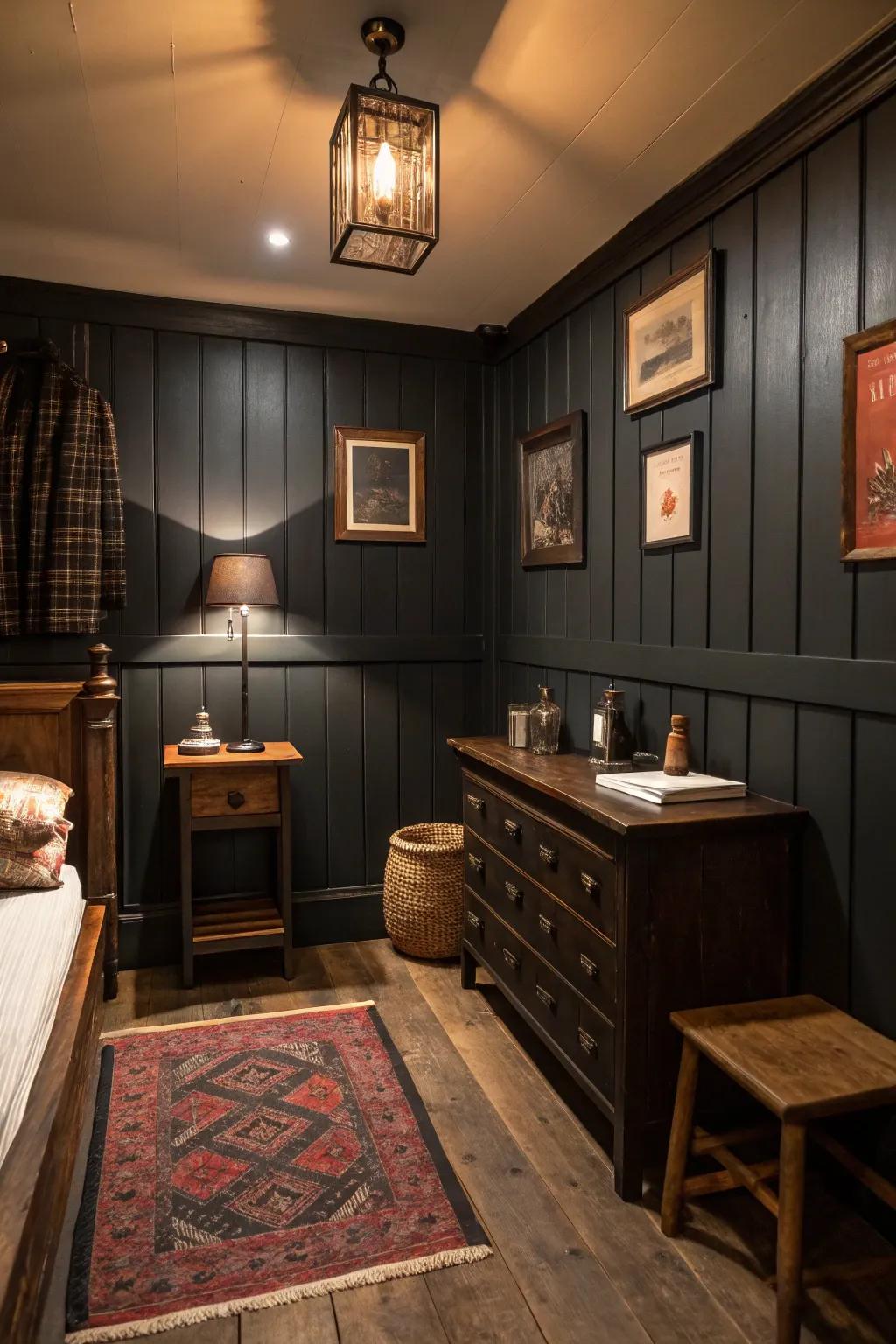 Dark shades bring about a comfortable and stylish atmosphere in this compact cigar lounge.