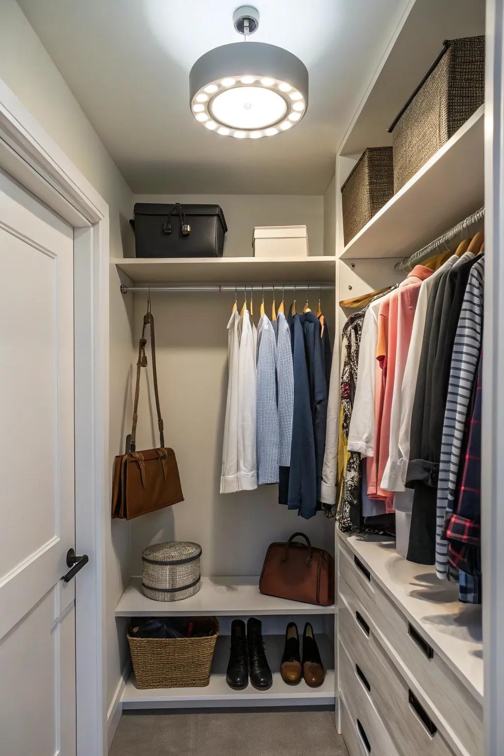 A surface light brightens a small closet space.