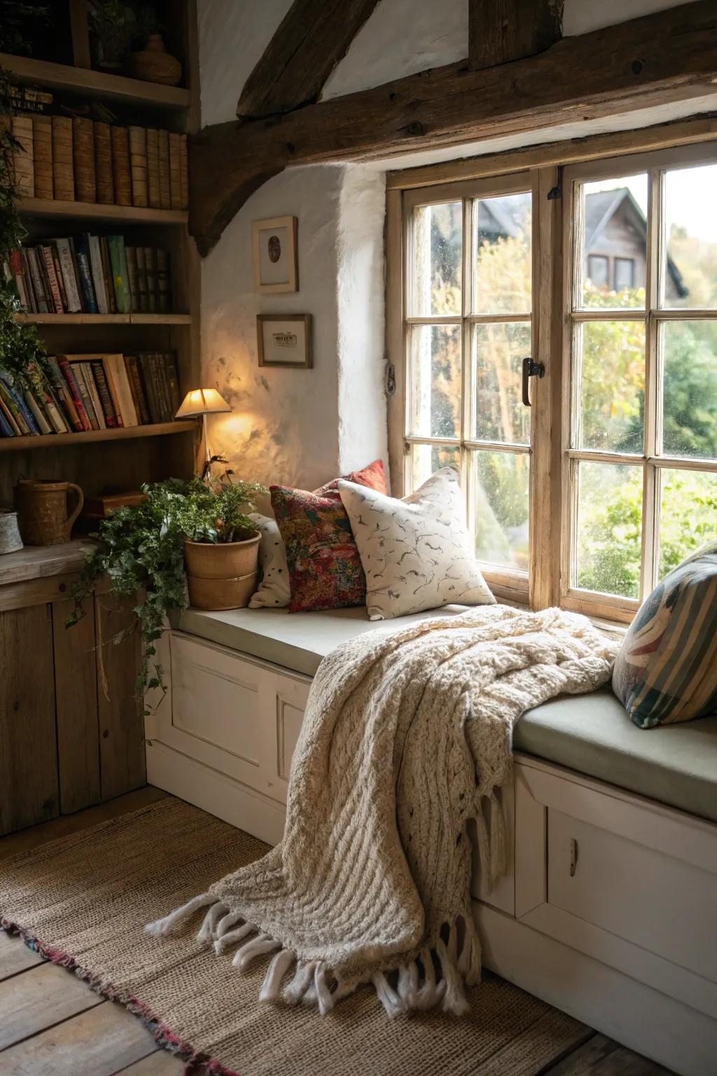 An inviting reading nook ideal for unwinding in a compact cottage.