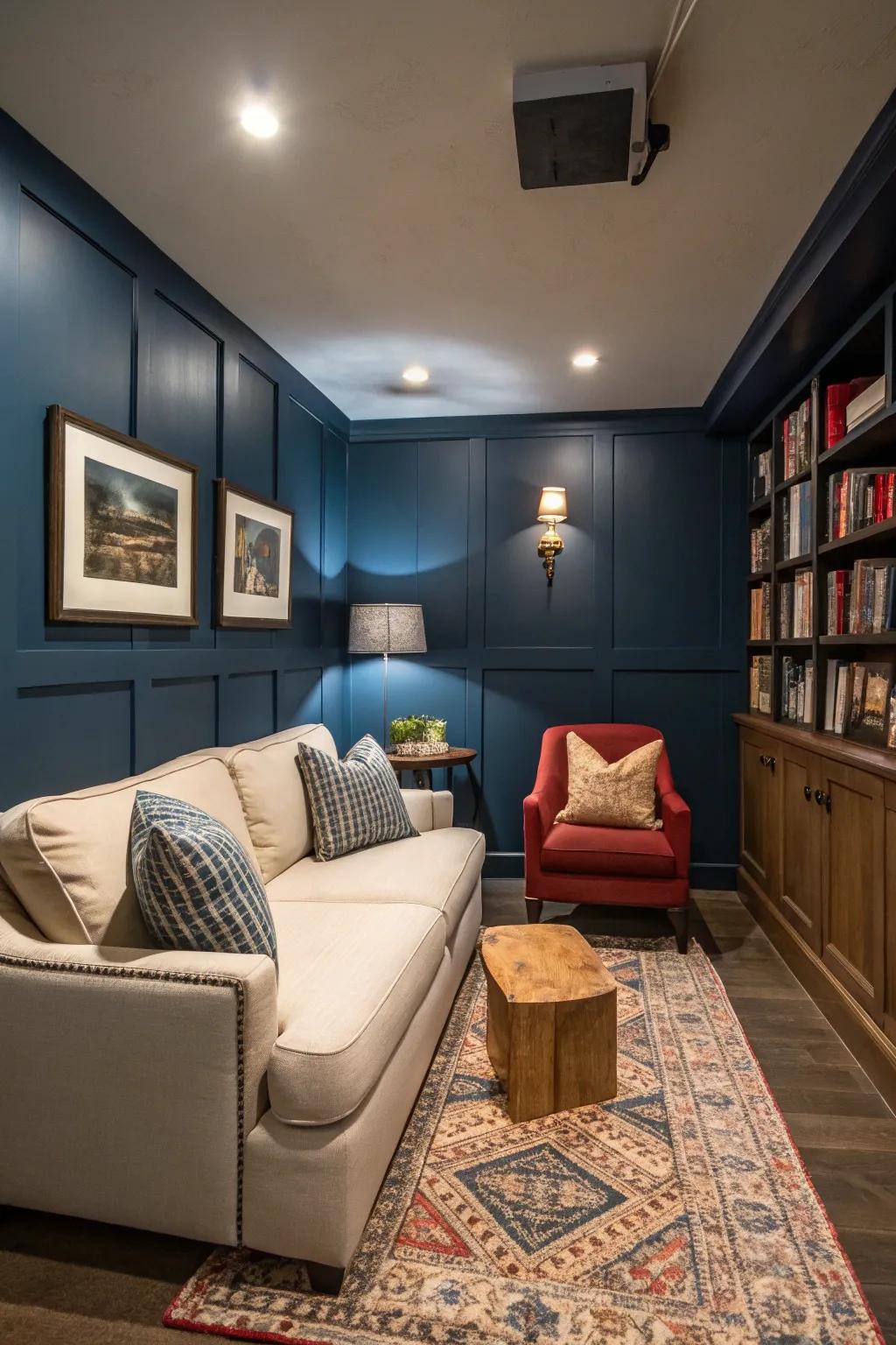 Striking wall colors bring dimension to a small den.