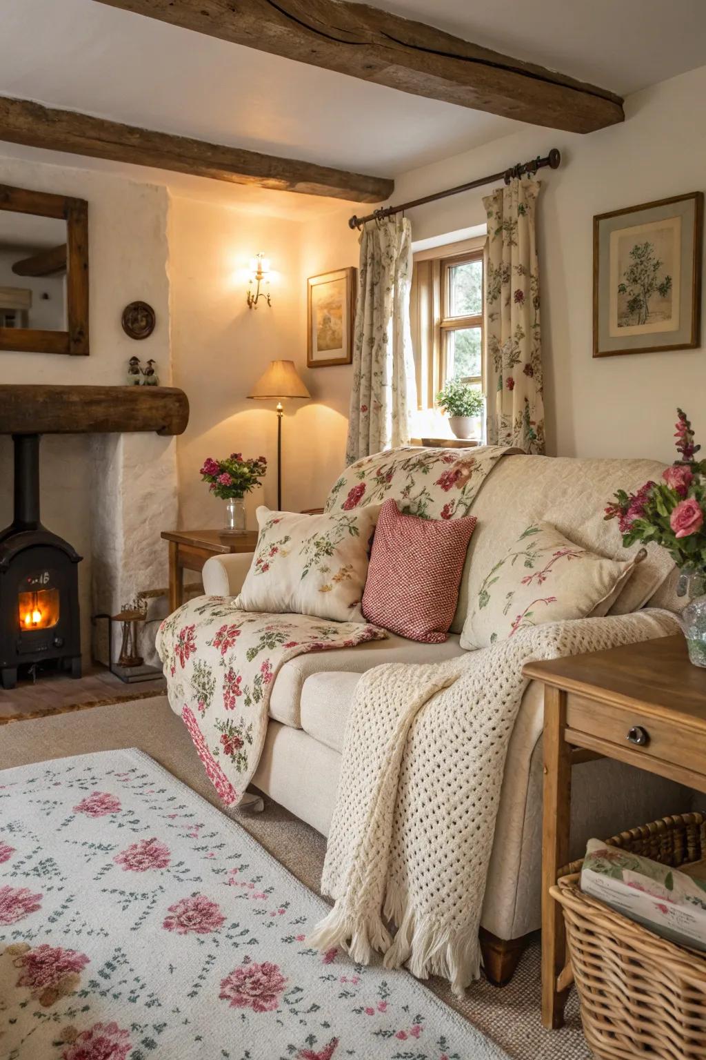 Cushions with floral designs and knitted throws contribute warmth to this cottage living area.