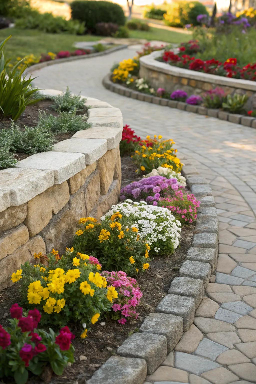 A delightful compact flower bed with gracefully curved stone borders, brimming with colorful blossoms.