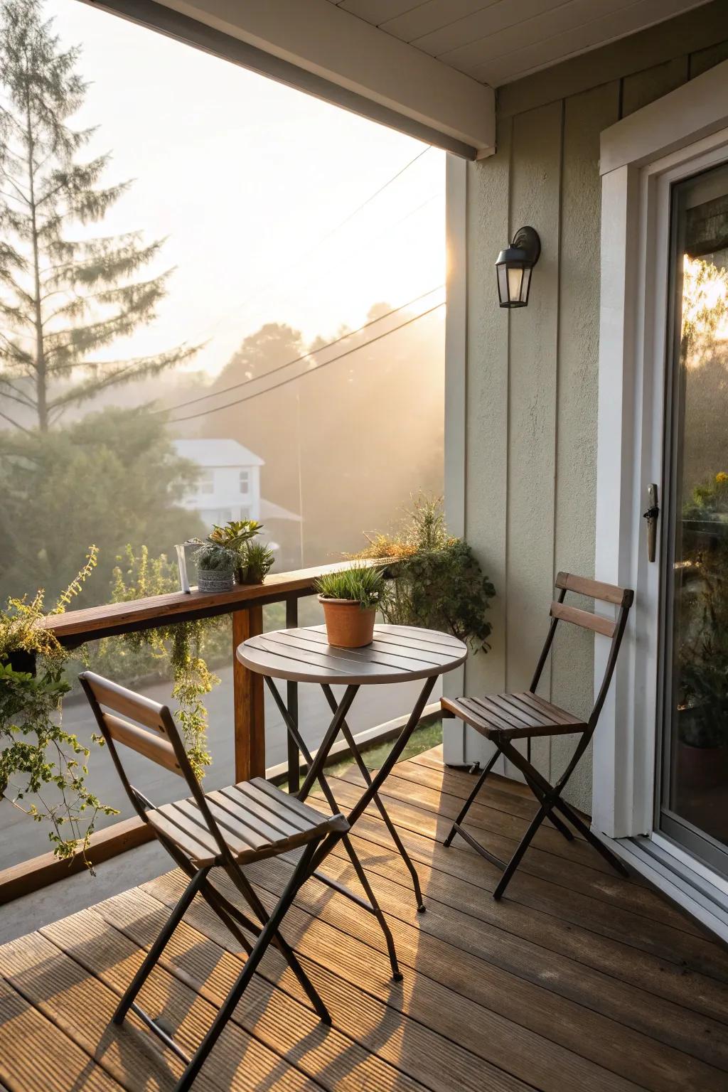 A minimalist bistro ensemble is an ideal fit for a petite front deck.