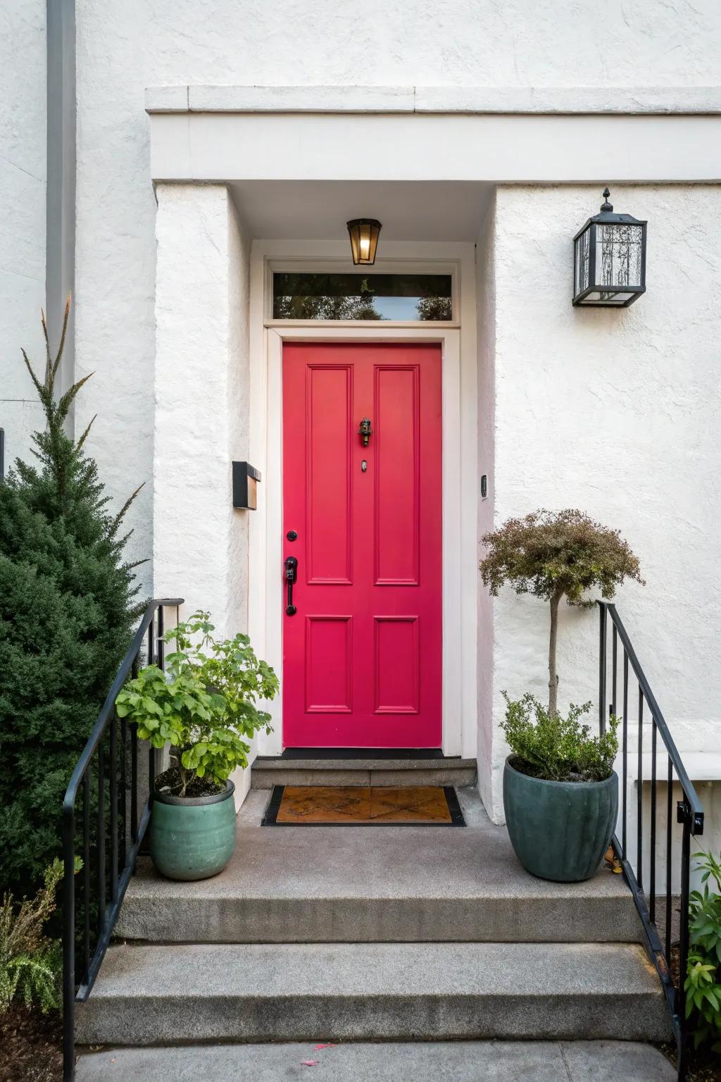 A brightly colored front door gives personality to a small entrance.