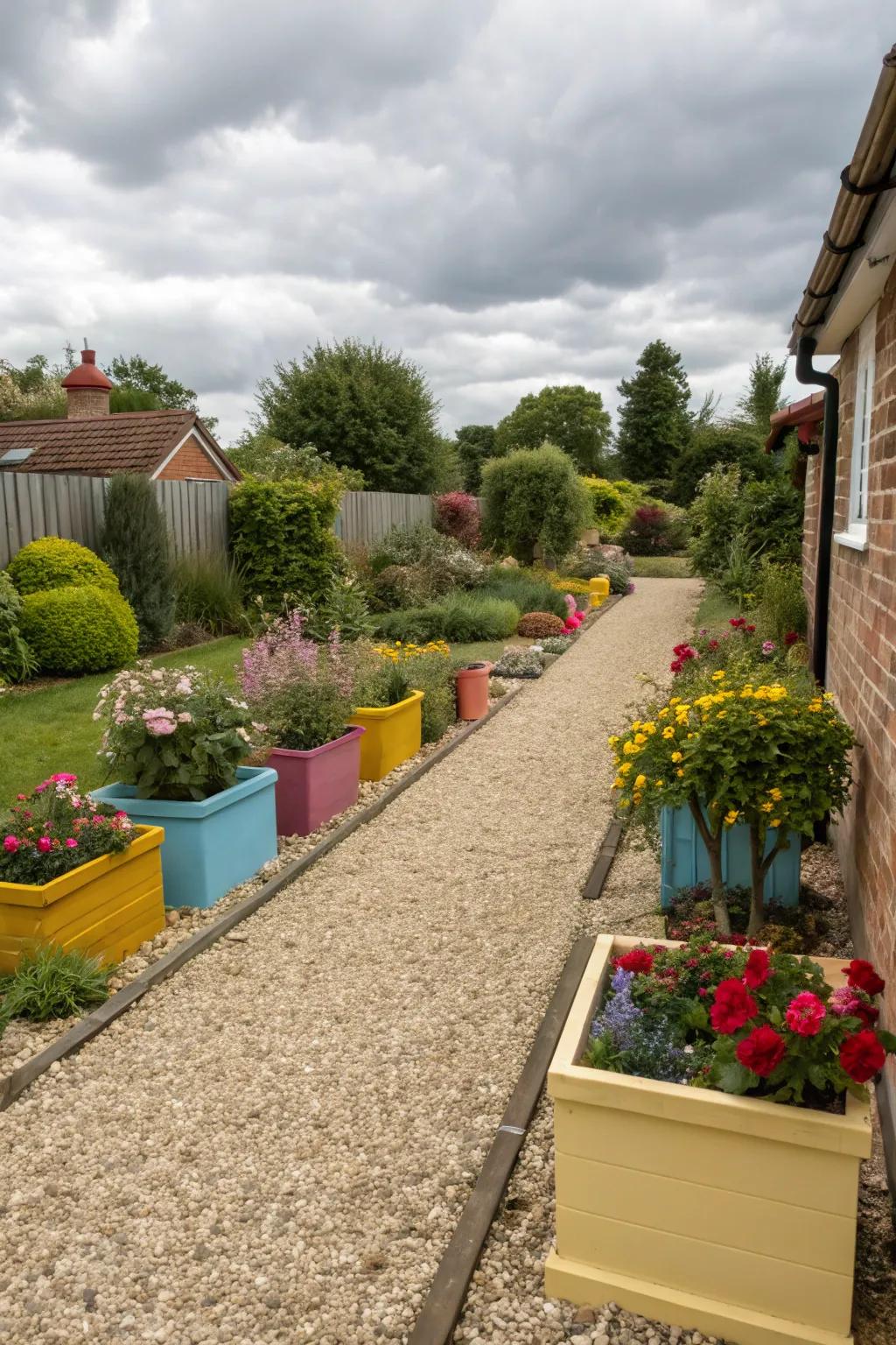 A sleek, petite front garden featuring gravel paths and lively plant pots.