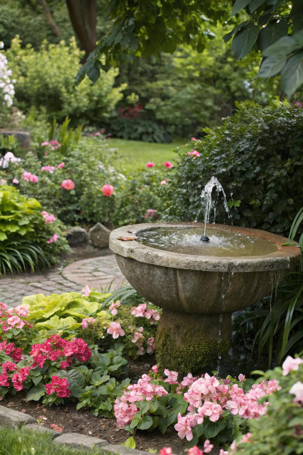A classic stone bowl fountain adds elegance and tranquility.
