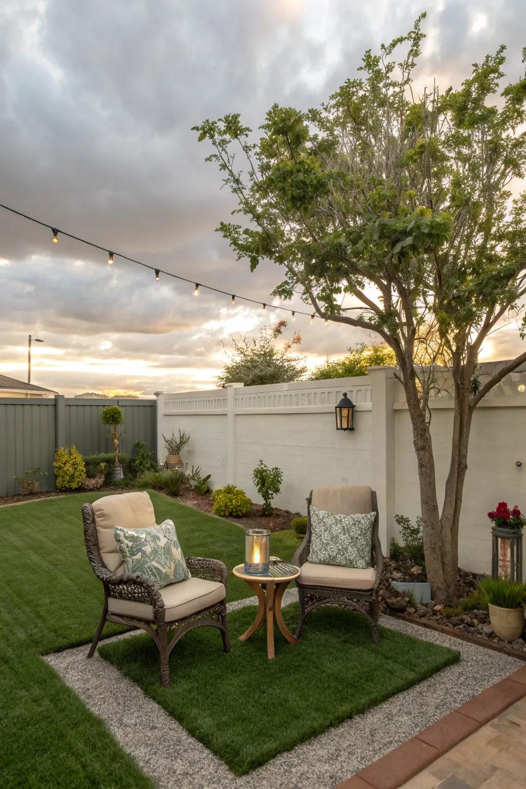 A peaceful seating area featuring synthetic turf, ideal for unwinding in the afternoon.