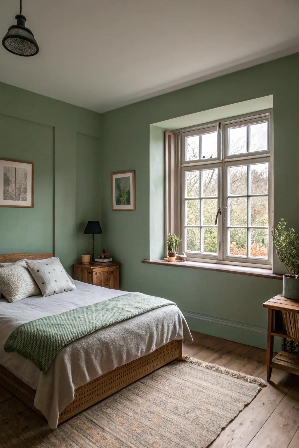 Sage green walls provide a tranquil foundation in a small bedroom.