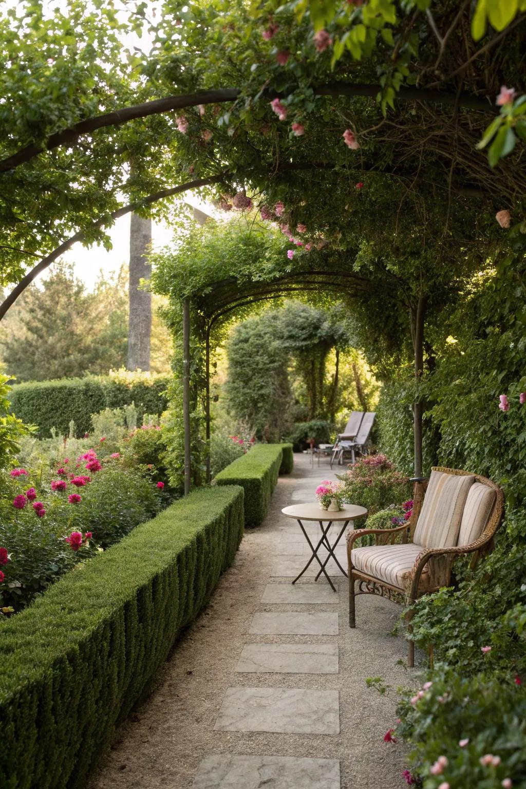 Delicate hedges beautifully define a garden path.