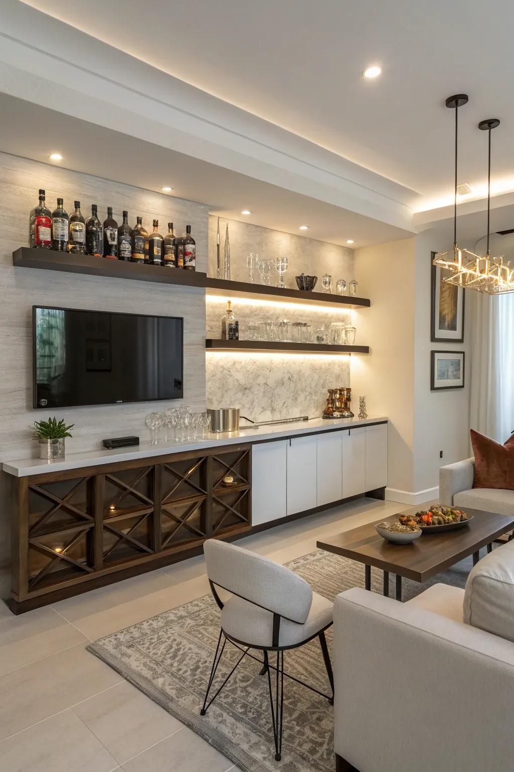 A corner bar unit adds sophistication and utility to otherwise unused corners.