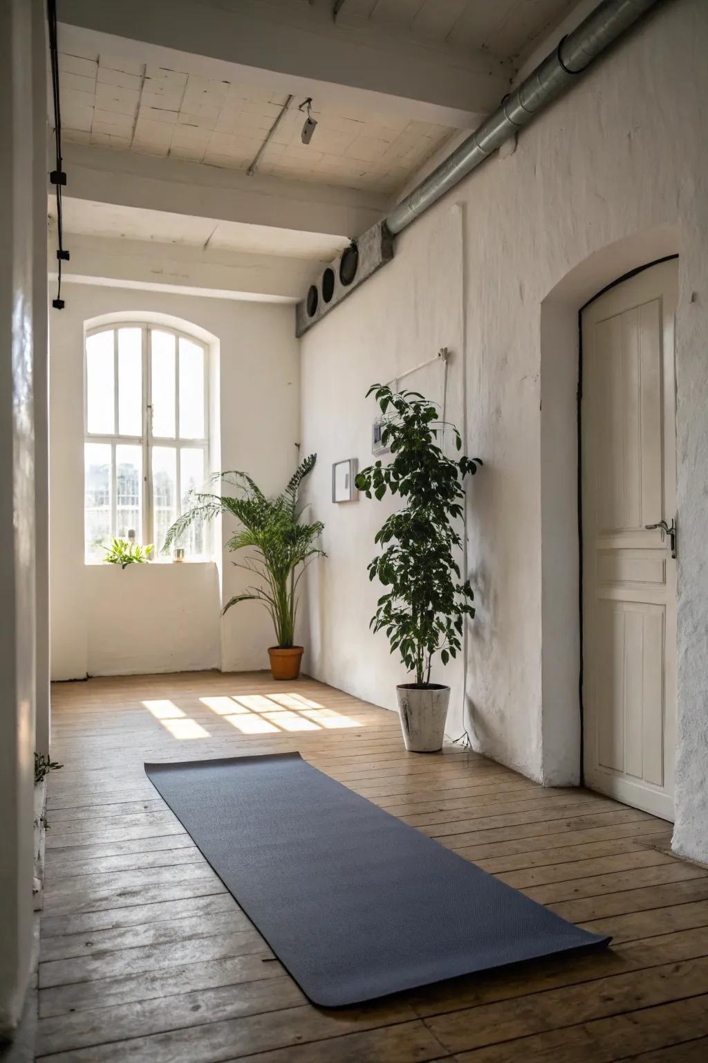 Minimalistic yoga room featuring just a yoga mat and a plant.