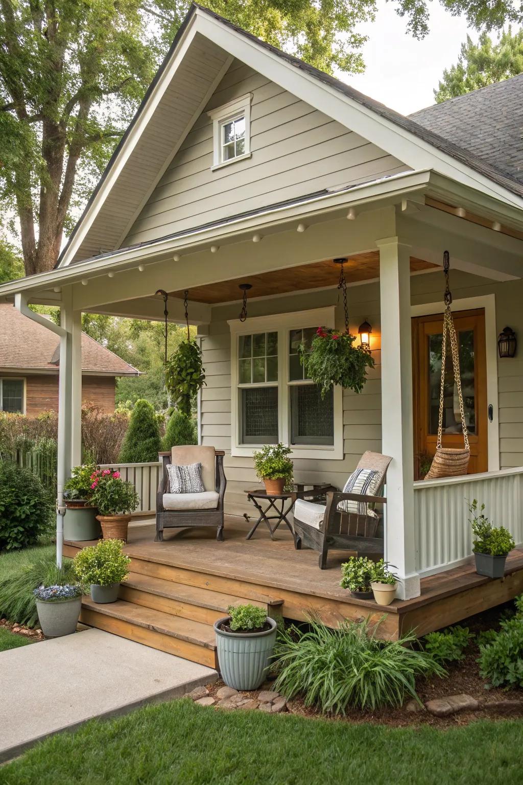 A small front porch creates a friendly entry and a peaceful spot for downtime.