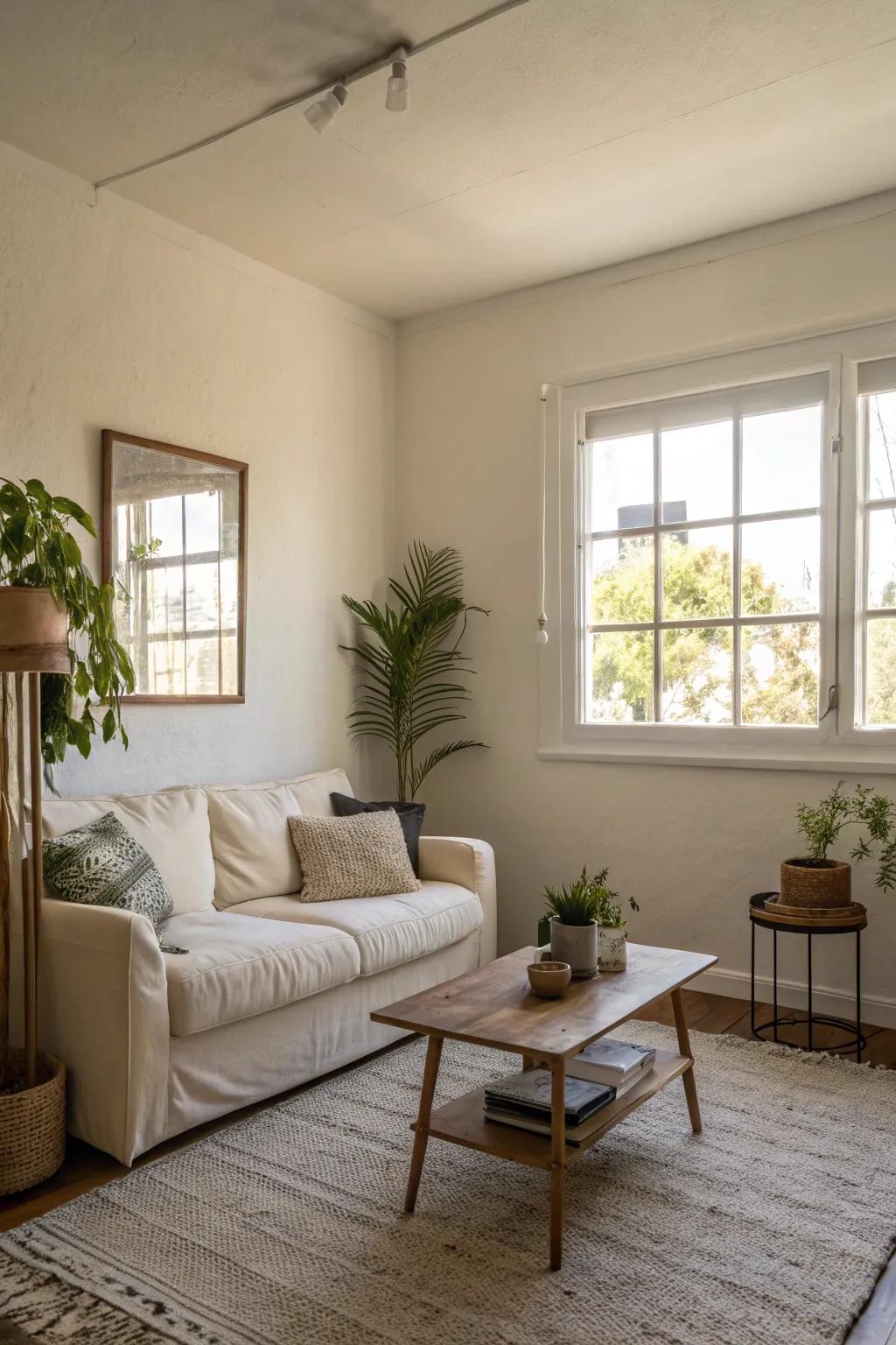 A small living room utilizing creamy white walls to create an expansive ambiance.