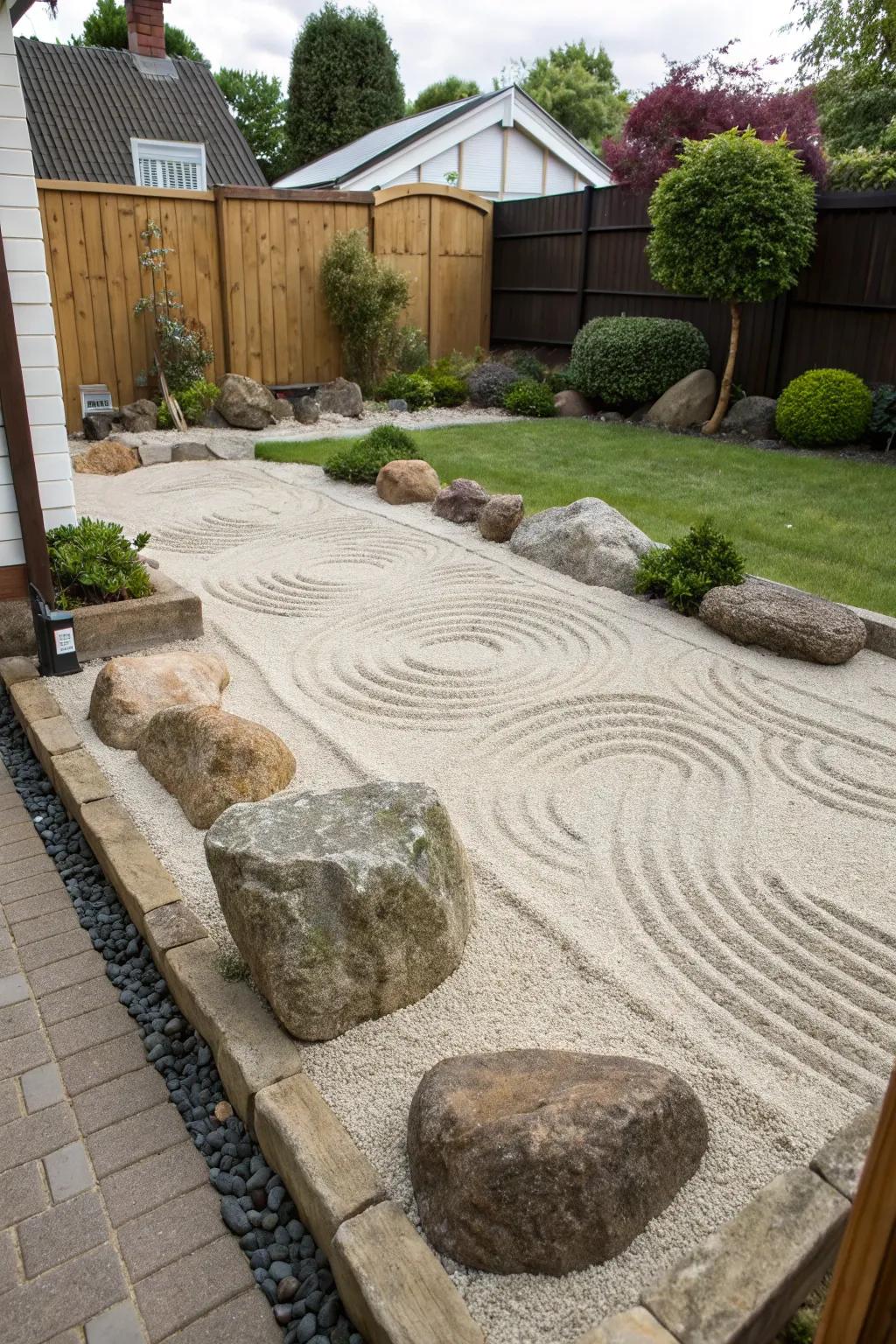A compact Zen garden providing a soothing area for contemplation.