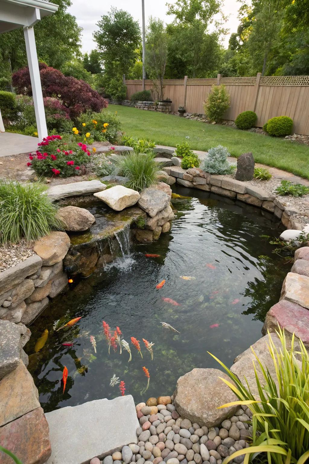 A comfortable corner fish haven with an organic rock boundary.