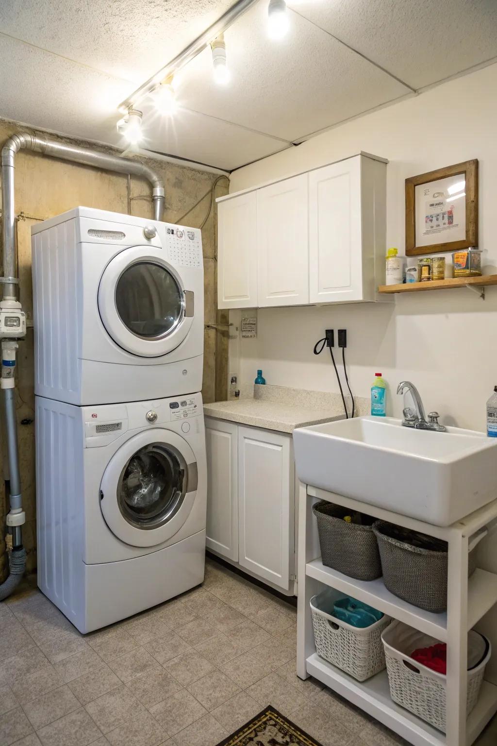 Making smart use of the vertical dimension in a compact laundry room.