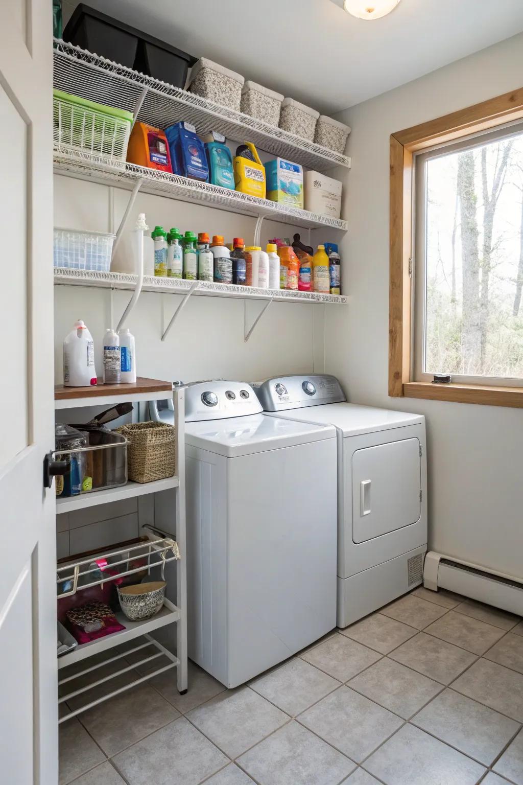 Utilize walls by installing storage to keep your laundry area uncluttered.