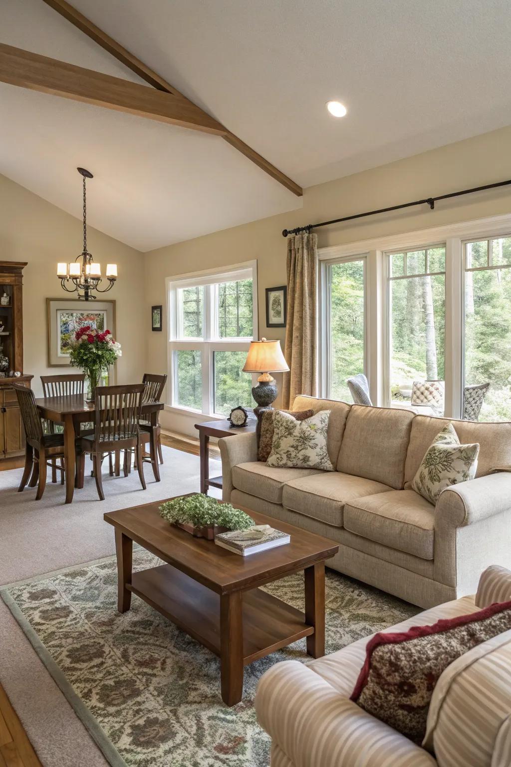 Open concept creating a fluid transition between living and dining spaces.