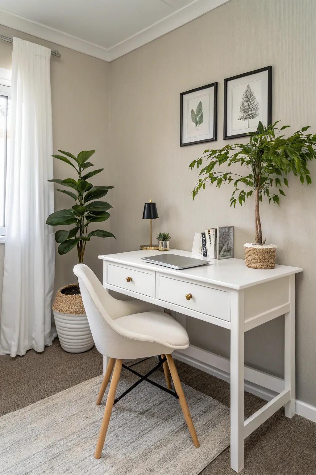 A minimalist small office featuring a clean and airy design.
