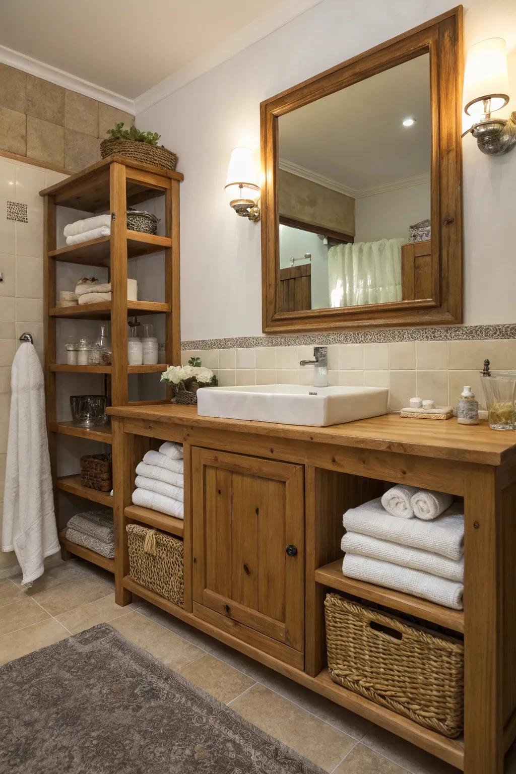 A country-inspired bathroom enhanced by timber vanity and shelving.