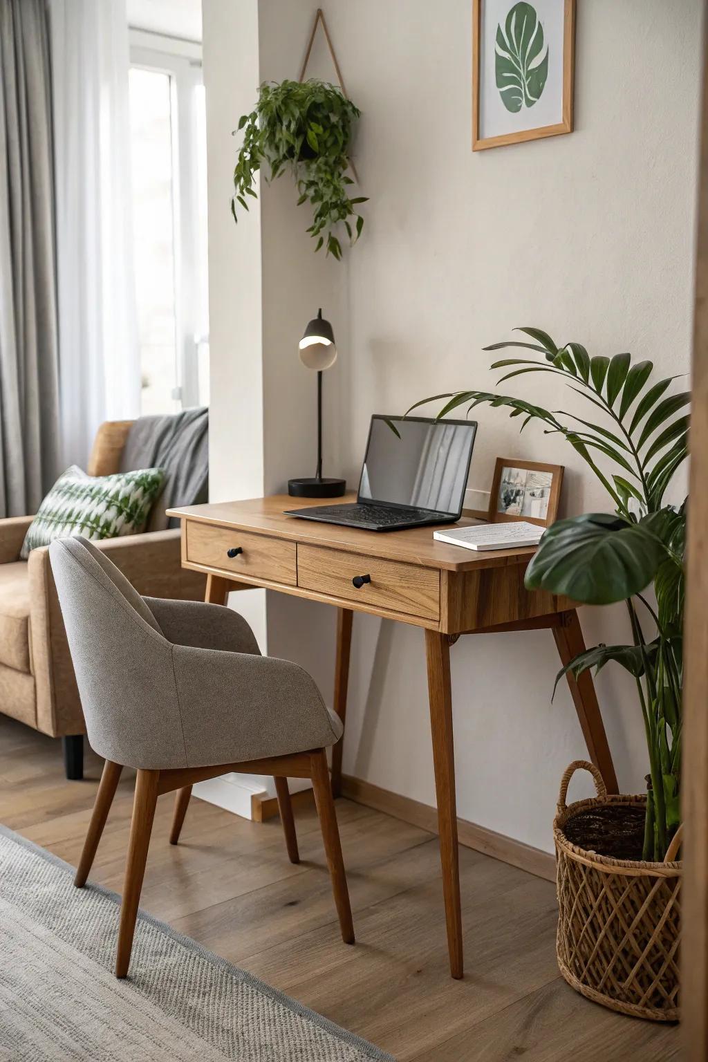 A small desk blends effortlessly into your living room area.