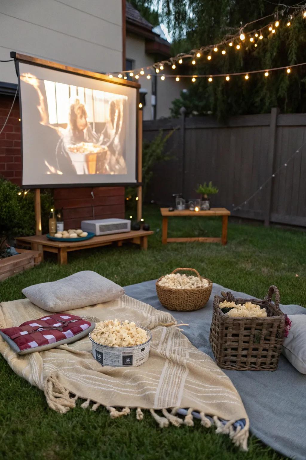 An outdoor movie showing with a projector and comfortable blankets.