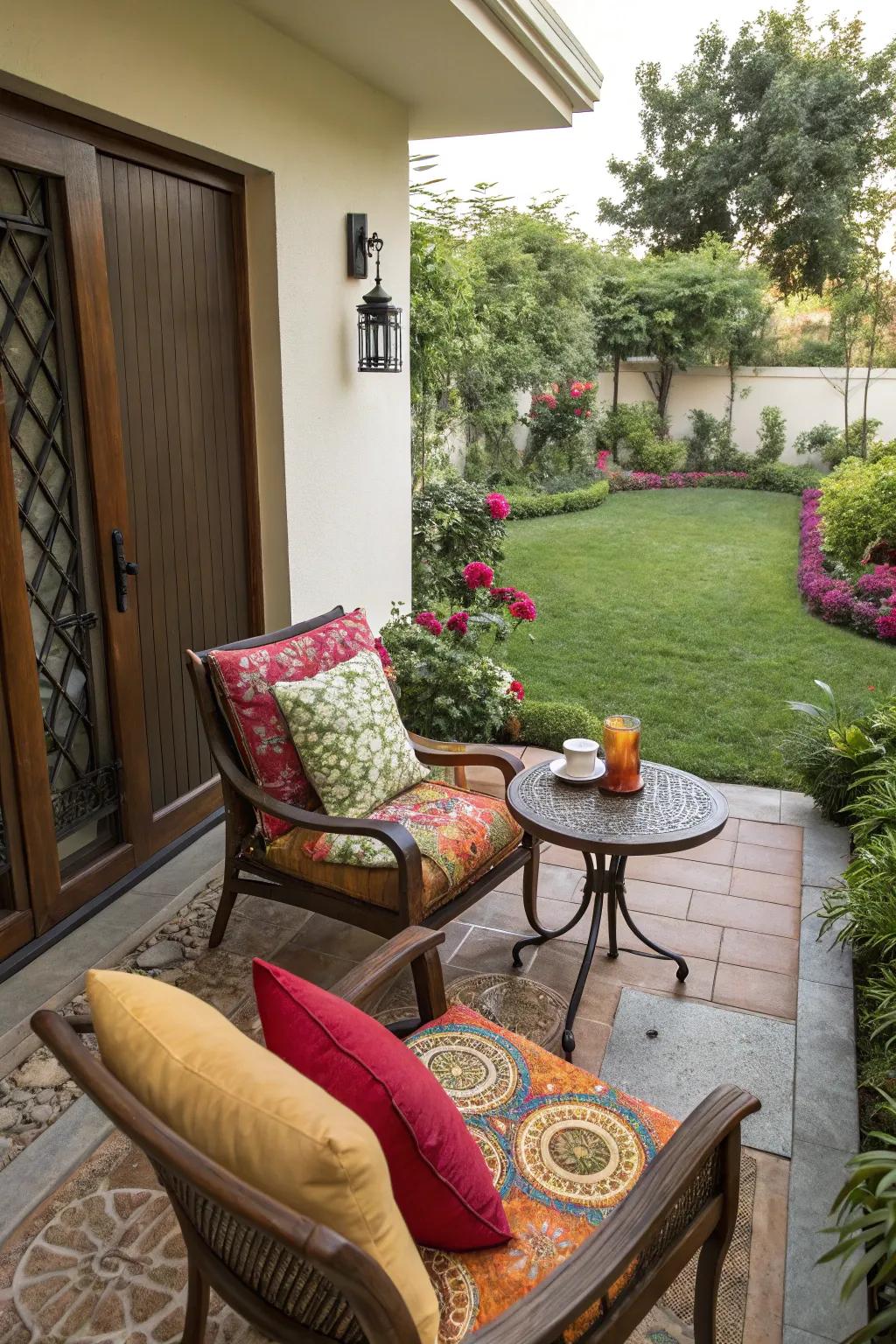 A small patio featuring an inviting seating spot, blending comfort with sophistication.