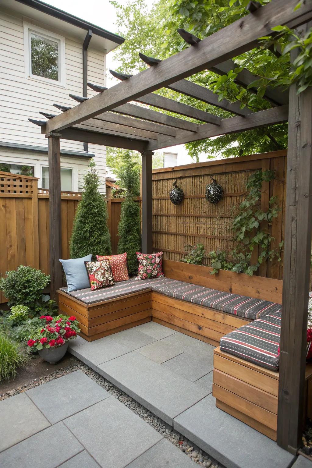 A small-scale pergola complete with built-in seating elegantly enriches a compact patio area.