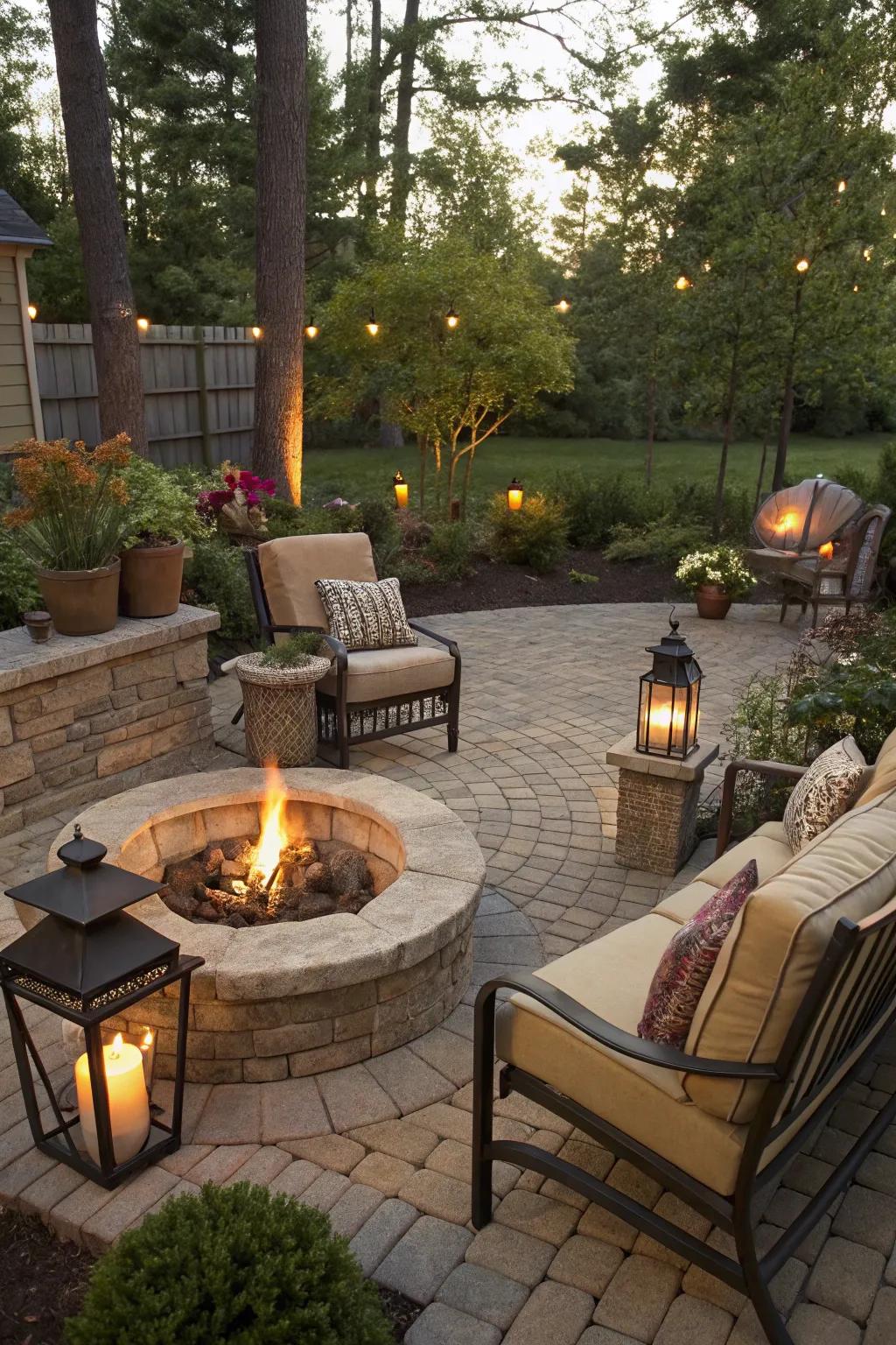 A small patio featuring a warm and welcoming fire pit arrangement.