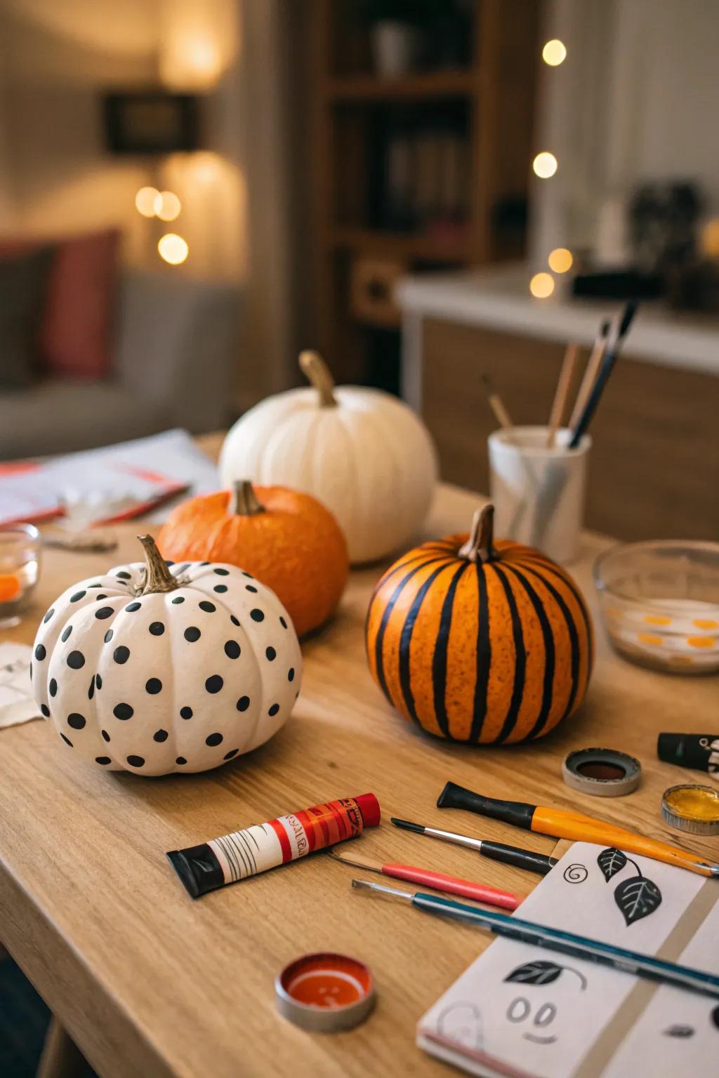 Whimsically painted pumpkins introduce a playful element to your decorations.