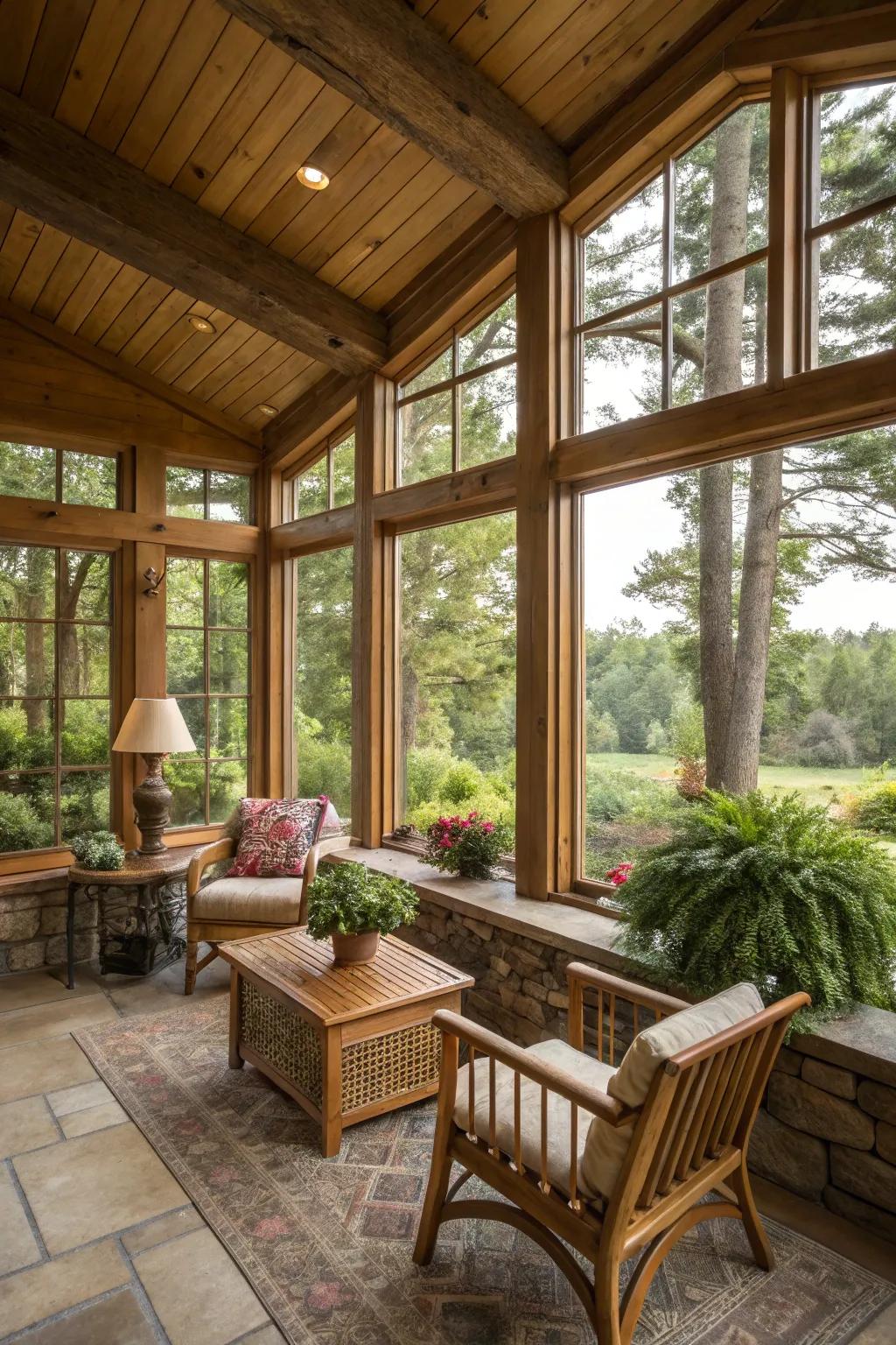 Expansive windows in a country-style sunroom establish a smooth link to the outdoors.