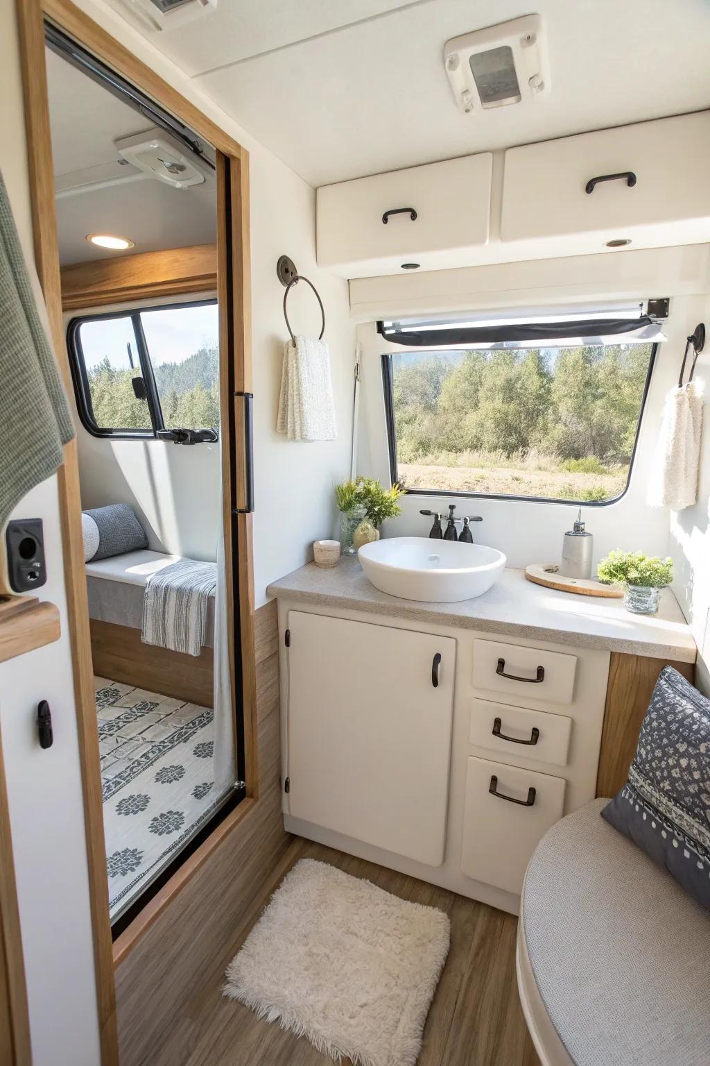 Improve space with a streamlined, wall-mounted vanity in your RV bathroom.