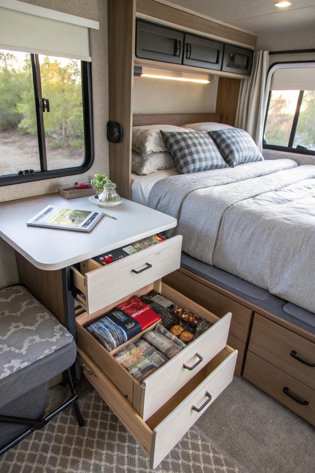 Make the most of your RV space with furniture that provides both storage and adaptability.