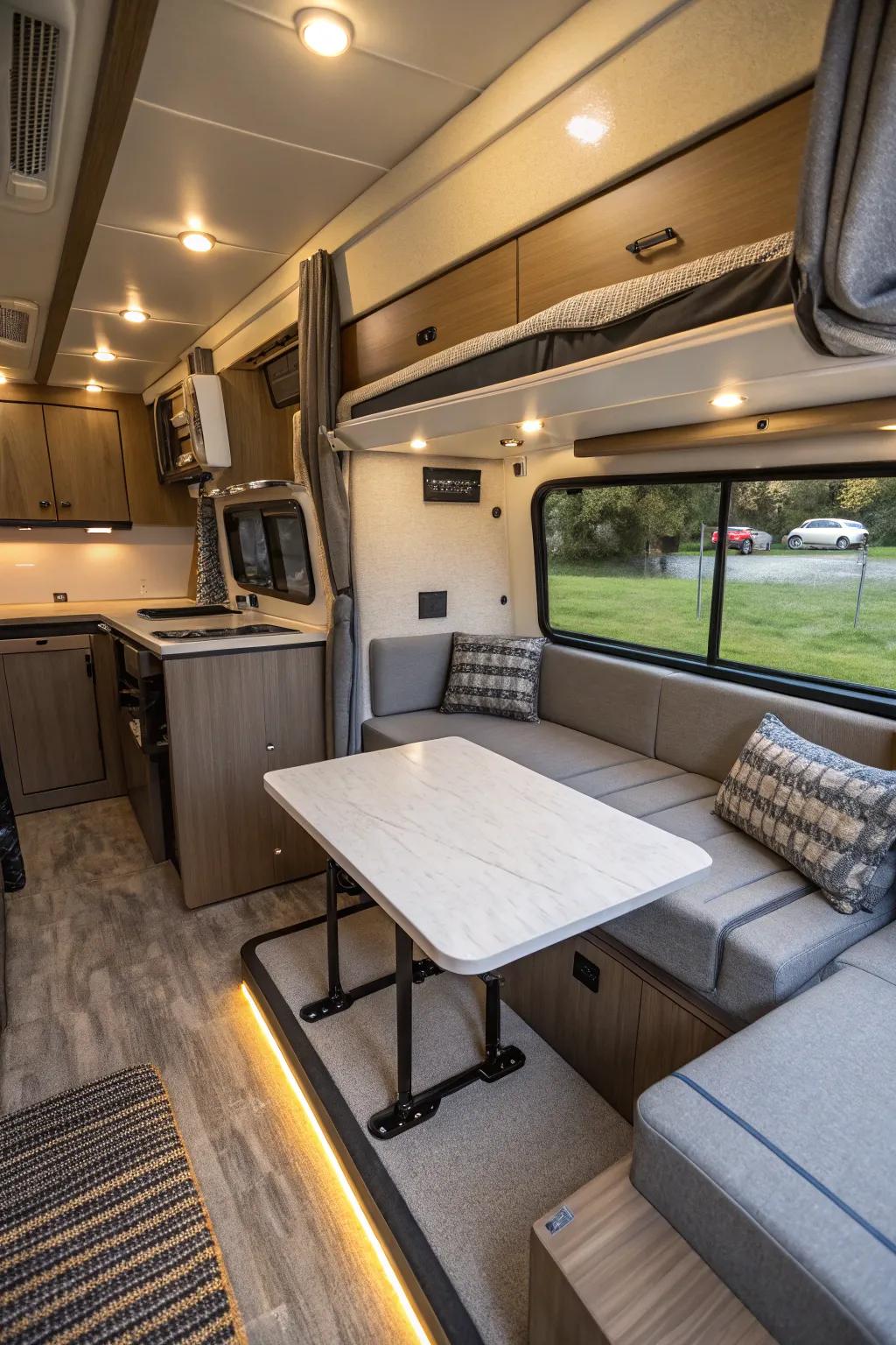 Choosing the right multi-functional furniture can make your small RV feel bigger and function more efficiently.