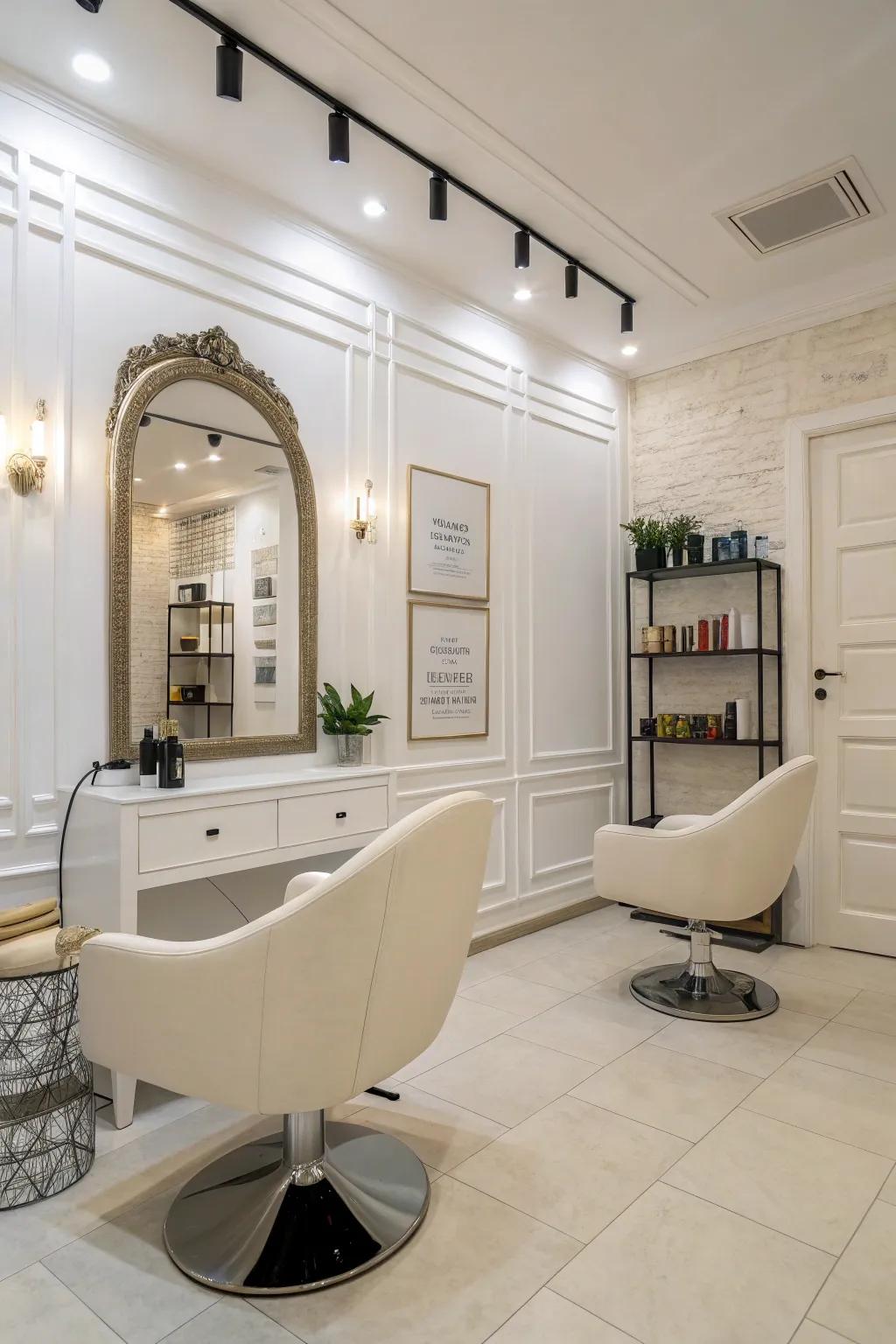 A basic salon layout designed to optimize space and promote a sense of calm.